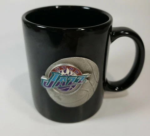 Utah Jazz NBA Black Stainless Steel Beverage Coffee  Mug W/ Pewter Logo Cover