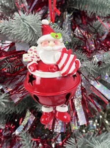 Vintage Santa Clause Metal Christmas Jingle Bell Ornament Holiday Red Presents - Bild 1 von 7