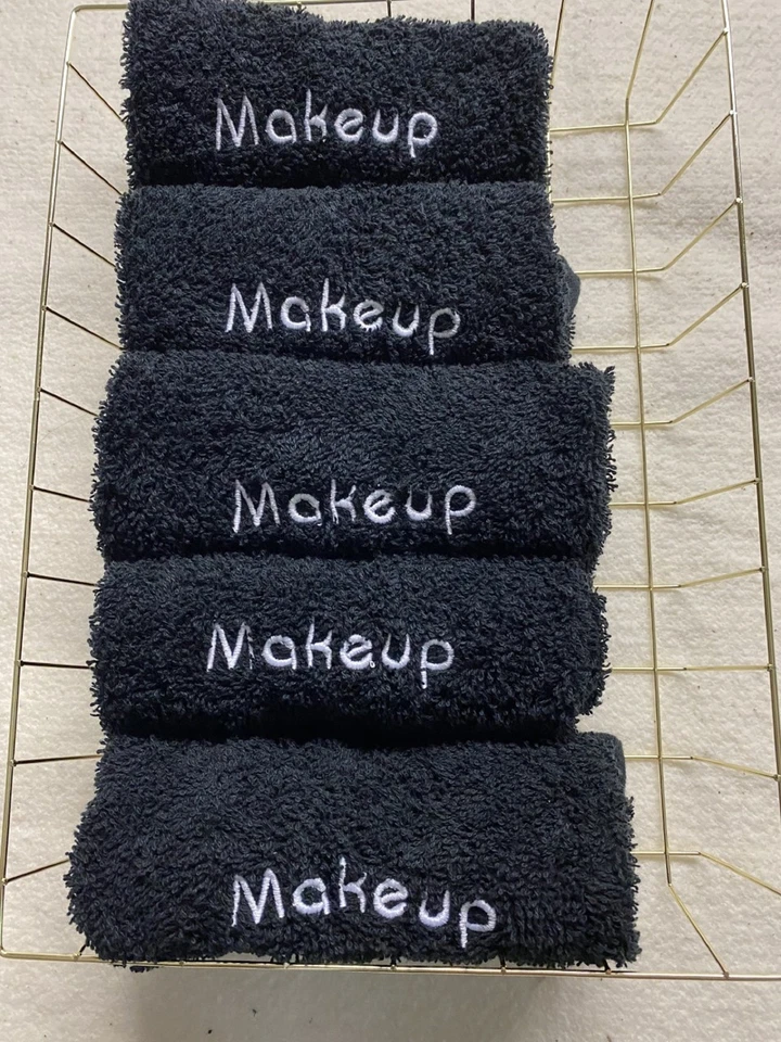 Black Washcloths-Set of 5-Machine Embroidered-White-Makeup - Image 1 of 1