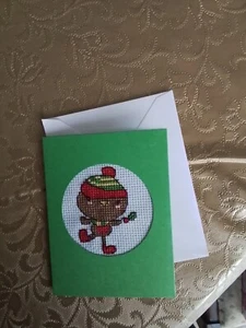 Hand Made completed cross stitch small Green Christmas Card - Picture 1 of 1