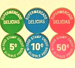 P4 Set SUPERMERCADO DELICIAS Ficha Cupones SAN JUAN SELLO DE COMIDA Ficha PUERTO RICO - Imagen 1 de 6