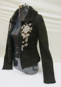 FREE SHIPG TEENAGE GIRL SHEARLING SHEEPSKIN JACKET W MINK COLLAR FLORAL EMBOSSED - Picture 1 of 7