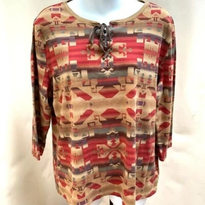 Chaps 2X Top Red Brown Southwestern Lace Up Long Sleeve Comfy Plus Size Shirt - Picture 1 of 10