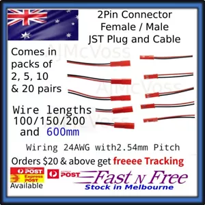 JST 2-Pin Male-Female Connector Plugs with 24AWG Wire (100/200/600mm) for RC - Picture 1 of 10