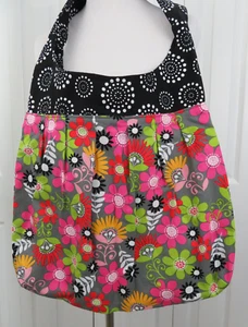 Handmade Shoulder Bag Black Green Pink Orange Floral Print Tote Purse -Beautiful - Picture 1 of 7
