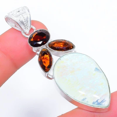 Tripletta Opale di Fuoco, Fumè Gemma 925 Argento Sterling Ciondolo Gioielli - Immagine 1 di 4