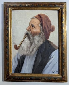 Old Man With Pipe Oil Painting Canvas Signed Ronni Italian Ornate Frame 14x18" - Picture 1 of 21