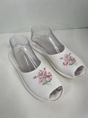 Vintage 60s Sears Store Bedroom Slippers Sz Large 8-9  Peep Toe floral white - Image 1 of 4