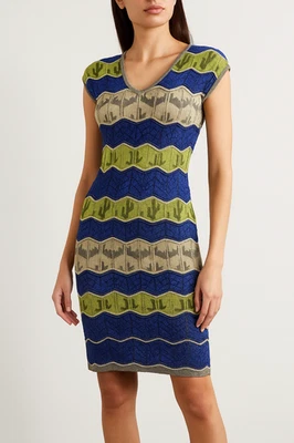 Vestido de malha M Missoni azul verde ziguezague autêntico £ 695, mistura metálica de algodão, Reino Unido 6-8 - Imagem 1 de 4