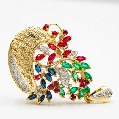 Anhänger Brosche mit Rubinen Safiren Smaragden Diamanten 14 Kt 585 er Gold  - Bild 1 von 4