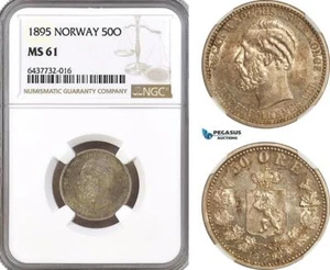 AH95, Norway, Oscar II, 50 Ore 1895, Kongsberg Mint, Silver, NGC MS61 - Picture 1 of 1
