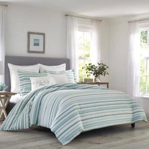 Tommy Bahama Comforter Set Full/Queen Polyester Soft Cotton Striped Blue 3-Piece - Picture 1 of 6