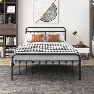 Metal Bed Frame Queen Size No Box Spring Needed Vintage Headboard & Footboard - Picture 1 of 6