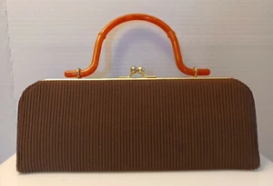 VTG 1950's Brown Fabric with Honey Bakelite Handled Art Deco Bag - Picture 1 of 12