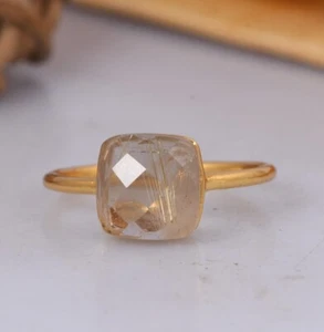 Genuine Golden Rutile 925 Silver Gold Plated Gemstone Engagement Ring For Gift - Picture 1 of 11