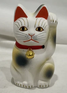 Vintage Maneki Neko Lucky Cat Clay Figurine, 4” Tall, Hand-Painted in Japan - Picture 1 of 7