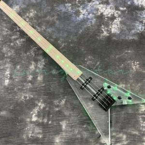 Acrylic Electric Bass Guitar Flying V with Green LED Light SS Pickups in Stock - Picture 1 of 6