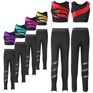 Kids Girl's Crop Top With Pants Shiny T-shirt Tights Set Sports Dance Outfit - Picture 1 of 53