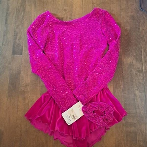 Mondor fuchsia pink Erwachsene XL Wettkampf Langarm Pailletten Eiskunstlauf Kleid - Bild 1 von 4