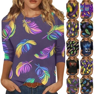 3/4 Sleeve Shirts For Women Cute Print Graphic Tees Blouses Casual Plus Size - Picture 1 of 45