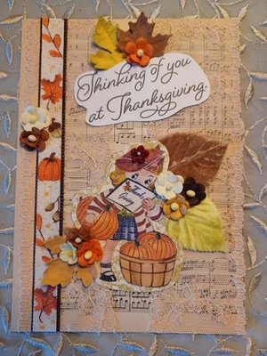 🦃 🦃Handcrafted Embellished CUTE Kitschy THANKSGIVING Greeting Card OOAK 5x7  - Image 1 of 3
