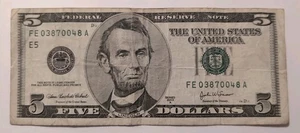 Old Vintage $5 Five Dollar Bill (2003A) FE03870048A - Picture 1 of 2