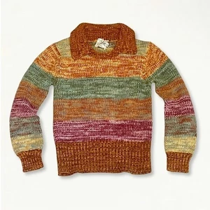 Vintage 70er Jahre Space Dye bunt gestreifter Strickpullover mit Kragen Größe Small - Bild 1 von 11
