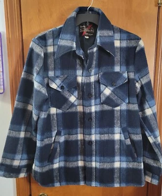 Vintage Sears Jacket Mens Large TALL Blue Flannel Wool Coat Plaid Western Linen  - Image 1 of 4