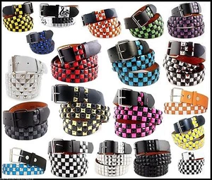 Mens Womens 3-Row Metal Pyramid Studded Leather Belt  Checker Punk Rock Goth Emo - Picture 1 of 24