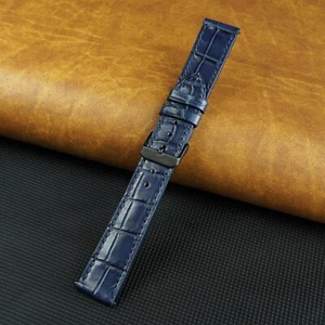 20mm Blue Flat Leather Watch Band Men Genuine Crocodile Watch Strap Black Buckle - Picture 1 of 4