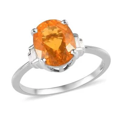 1.85ctw Brazillian Fire Opal & Moissanite Ring Platinum Plated Sterling Size 8 - Image 1 of 4