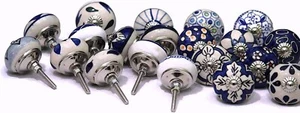 Indian 20 PC White Blue Cream Ceramic Drawer Pull Cupboard Door Porcelain Knobs - Picture 1 of 6