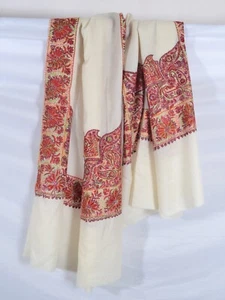 OFF-WHITE 100% Cashmere Pashmina Shawl Vibrant Border Hand Embroidery Kashmiri - Picture 1 of 5