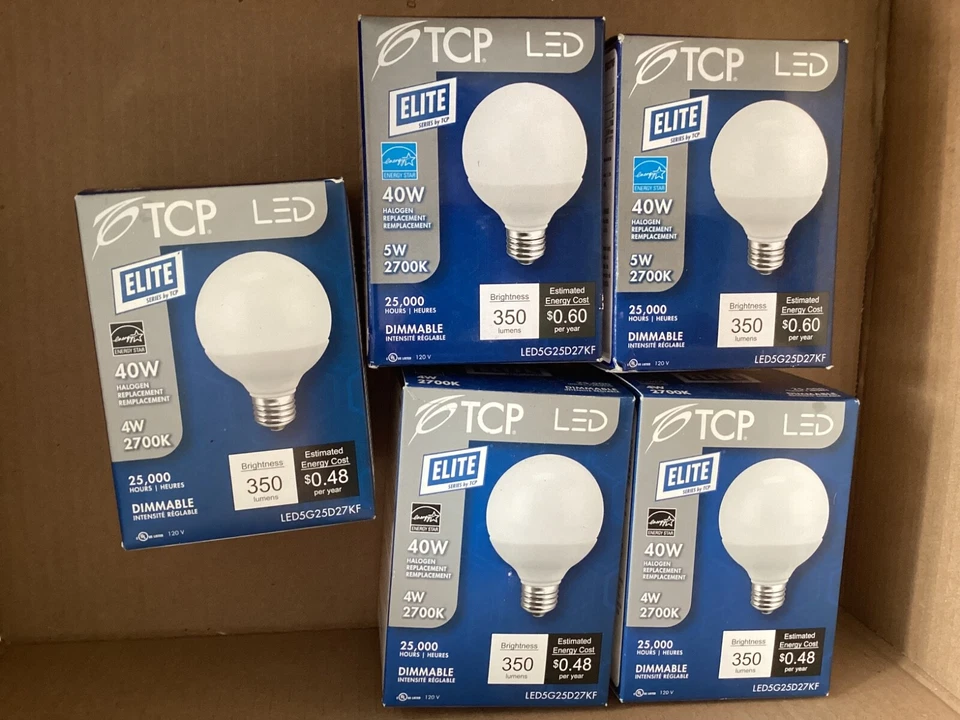 5 bulbs TCP  LED Elite Series 4W 2700K 40W Halogen Light Dimmable LED5G25D27KF - Image 1 of 1