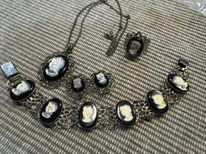 1950’s Silver Tone Cameo Necklace, Bracelet And Earring, And Ring Set - Picture 1 of 7