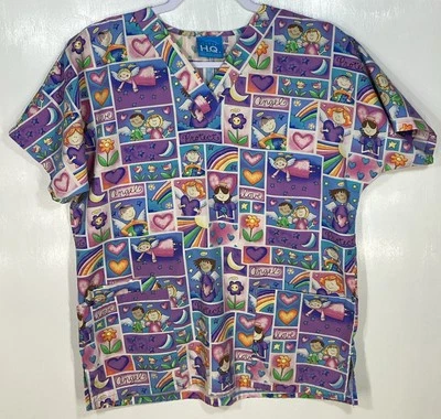 Angel Scrub Top womens size S Small Angels protect love Rainbow Hearts Flowers - Image 1 of 3