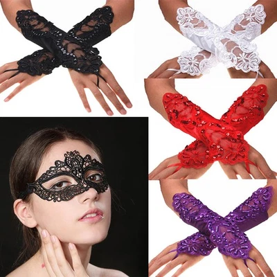 Women Sexy Lace Masquerade Party Fingerless Cuff Gloves Hollow Eye Face Cover US - Image 1 of 4