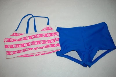 Girls Swimsuit 2 PC BIKINI SET Hot Pink White FLORAL STRIPE Blue Boyshort XS 4-5 - Image 1 of 2