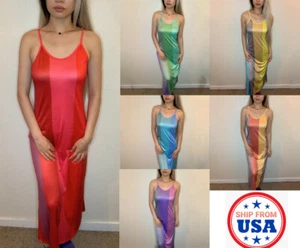 Women Summer Long Rainbow Maxi Dress Ladies Boho Holiday Beach Party Sundress - Picture 1 of 19