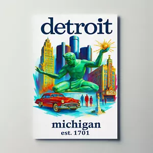 Detroit Spirit Car Theater Skyline Statue Vintage Travel Poster Wall Art - Picture 1 of 28