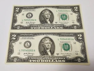 RARE-- PAIR $2 BILLS 2017 A DESCENDING SERIAL NUMBER 545352 & REPEATER 545353 - Picture 1 of 2
