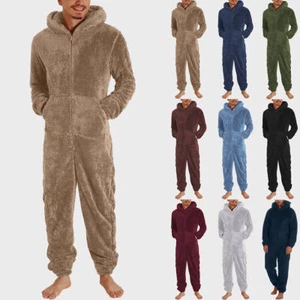 Herren Teddyfleece Kapuzen Jumpsuit Overall Flanell*Pyjama Schlafanzug Hausanzug - Bild 1 von 30