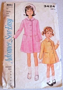 1960's Advance #3424 Girl's Coat Size 6 Pattern Princess Seams Front Buttons - Picture 1 of 5