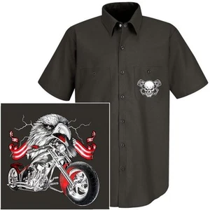 V-TWIN CHOPPER MOTORCYCLE RIDER AMERICAN EAGLE SKULL BIKER MECHANIC WORK SHIRT - Picture 1 of 12