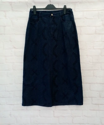 Solitaire Skirt Size L Blue Denim Floral Front Split Zip Pocket Long Artisan - Image 1 of 4