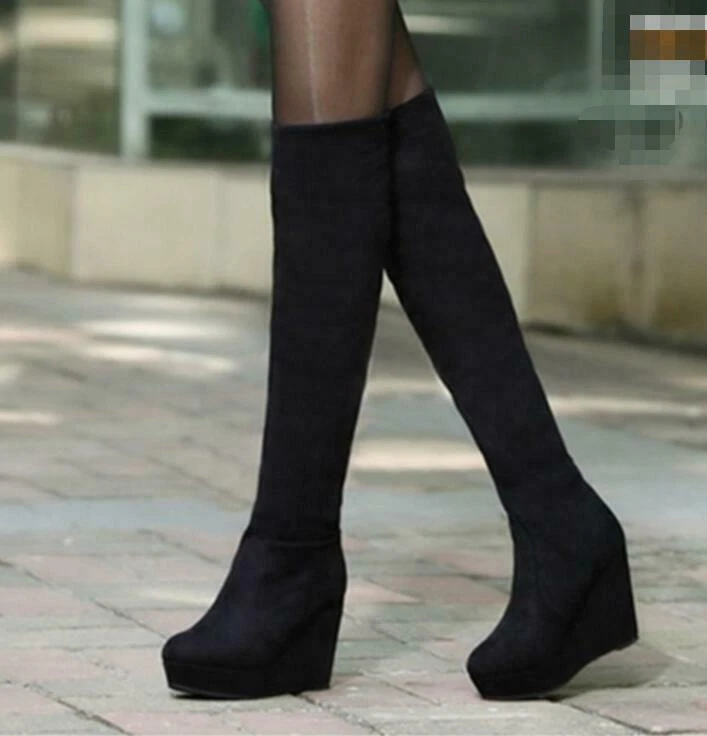Women Over The Knee High Boots Faux Suede Wedge 10Cm High Heels Platform Shoes - Image 1 of 4