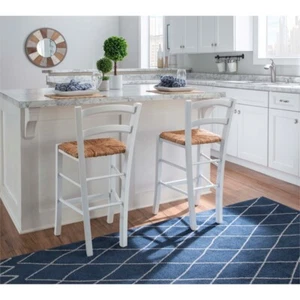 Linon Halton Set of 2 Counter Stools Woven Rush Seats in White Beechwood - Picture 1 of 16