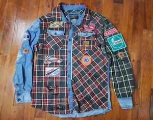 Heritage America XL Distressed Denim Flannel Jacket Gas & Oil Racing Patches - Picture 1 of 16