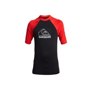 Quiksilver Big Boys Youth M/12 Short Sleeve UV Rash Guard On Tour Red Black  - Picture 1 of 1