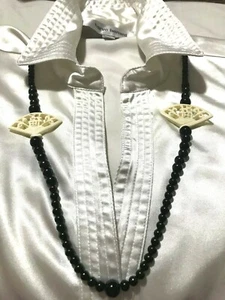 OOAK Black Czech Glass Pearl Necklace/Ivory Hand Fan Charm Pendant/Gift for her - Picture 1 of 4